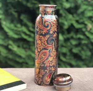 Handcrafted Vintage Floral Printed <b>Copper</b> Water Bottle Decorative Metal Drinking Bottle with Lid Portable for Travel Gift Hiking - Product Image 3