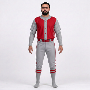 Ensemble de vêtements de baseball pour hommes, maillot rouge et gris, pantalon, manches courtes, fermeture à boutons, évacuation de l'humidité, antibactérien, respirant, 100% - Product Image 1