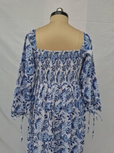 Vestido Midi Azul Gótico Vintage con Encaje y Estampado Floral, 100% Algodón, Mangas Abullonadas, Sin Cuello, Fruncido, Corte en A, Casual, Verano, Diario, Oficina - Product Image 6