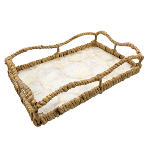 Bandeja rectangular de MDF hecha a mano con elegante incrustación de Capiz blanca y asas de jacinto de agua Bandeja decorativa de fibra natural para servir - Product Image 4