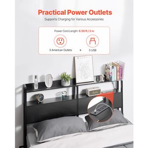Adjustable Height Headboard for <b>Queen</b> <b>Size</b> <b>Bed</b> 2 Shelves Storage Up-Holstered Freestanding Charging Station Head Board - Product Image 2