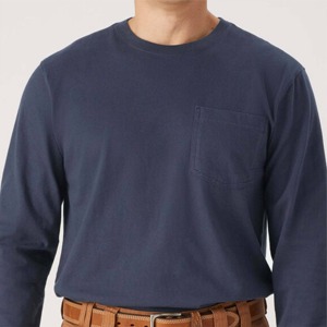 Camiseta de Algodón de Manga Larga Azul Marino para Hombre, Corte Regular, Cuello Redondo, Informal, Color Sólido, Tejido de Punto Liso - Product Image 4