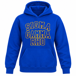 เสื้อฮู้ดสีน้ำเงินรอยัล Sigma Gamma Rho พร้อมตัวอักษรกรีกแบบซ้อนสีเหลือง กระเป๋าจิงโจ้ เสื้อสเวตเชิร์ตสำหรับชมรมนักศึกษา - Product Image 3