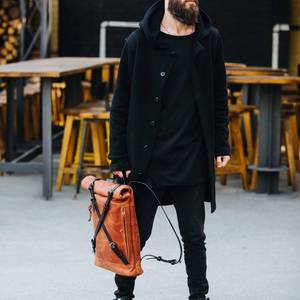 Sleek <b>Black</b> Leather Roll Top <b>Backpack</b> Modern Urban Rucksack For <b>Men</b> Fashionable City Laptop Bag LRTB-0173 - Product Image 3