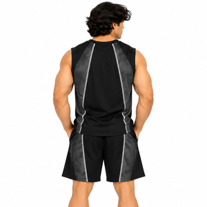 Premium Plus Size <b>Black</b> Sleeveless Activewear Contrast Panel <b>Tank</b> <b>Top</b> Drawstring Shorts Custom Design OEM Wholesale Summer <b>Tops</b> - Product Image 2