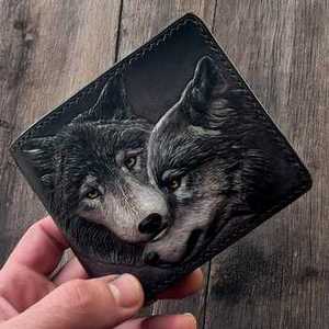 Black Color Attractive Hand <b>Tooled</b> Wolf Face Carved Border Stitched 100% Genuine <b>Leather</b> Material Bifold Card Cash Men's Wallets - Product Image 6