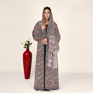 Abaya de Chifón con Motivo Floral, Pañuelo para la Cabeza Coordinado, Frente Abierto, Manga Larga, Ropa Musulmana Modesta para Mujer, Estilo Árabe, para Oración del Eid - Product Image 5