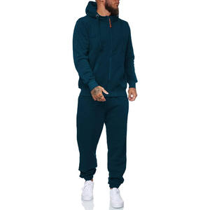 300GSM Cotton Poly Tracksuit <b>Men</b> <b>Slim</b> <b>Fit</b> Full Zip Jacket <b>Joggers</b> Set Solid Beige Color Embroidered Chest Logo Sportswear - Product Image 1
