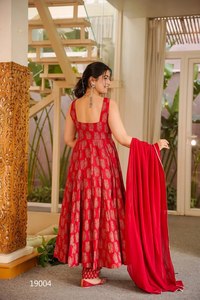 Women's RED Printed Anarkali Suit With Dupatta Floor Length Traditional Party Wear India Pakistan Style Silk <b>Dress</b> - Product Image 3
