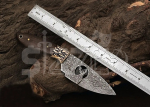 Cuchillo de caza OEM Wirecut de acero de Damasco, tipo Skinner, mango de micarta de ciervo, hoja fija, para camping, actividades al aire libre y EDC, con funda de cuero. - Product Image 3