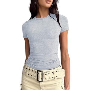 Camiseta Casual de Mujer de Alta Calidad, Cuello Redondo, Manga Corta, Algodón, Ajustada, Transpirable, Suave, Color Sólido, Antiarrugas, Secado Rápido - Product Image 1