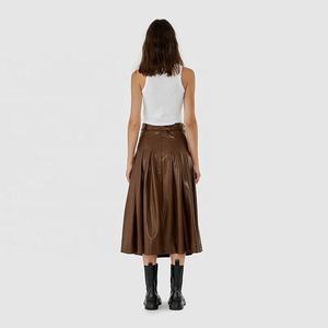 OEM 2026 Autumn Vintage Belt Flared Umbrella Brown Leather Long Skirts for Women - Product Image 4