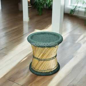 Ensemble de tabouret Mudda en bambou et coton moderne console en osier naturel incrusté d'os poufs de chambre à coucher pour entrepôt hôtel extérieur - Product Image 4