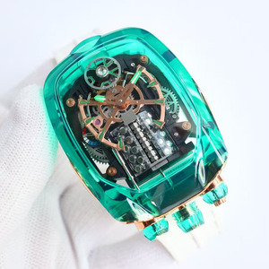 Trendy Hip-hop Street Luxury Green Crystal Rubber Strap Casual Travel Commuting Tourbillon Automatic <b>Mechanical</b> Men's <b>Watch</b> - Product Image 1