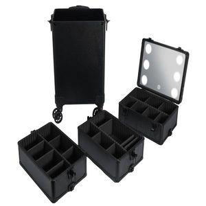 4 in 1 Interchangeable Aluminum Rolling Makeup Case with Draw Bar Style LED Mirror Black - Product Image 4