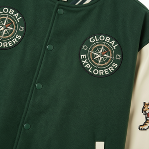 Chaqueta Varsity Verde para Hombre con Parches Bordados y Diseño de Tigre, Estilo Urbano, Ropa de Otoño - Product Image 6