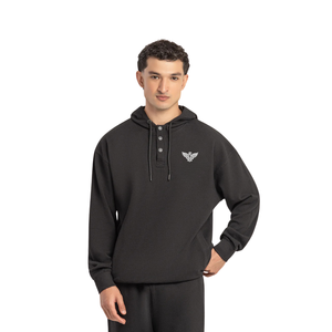 Unisex <b>Black</b> Henley Hoodie Cotton Blend Long Sleeve Casual Pocket <b>Sweatshirt</b> Crew Neck Warm Winter Regular Fit Customized Top - Product Image 1