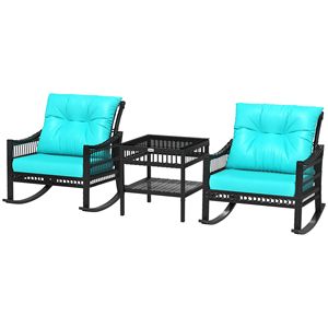 Set di 3 Sedie a Dondolo in Rattan PE per Esterni con Piano in Vetro Temperato Verde Turchese per Giardino o Uso Ospedaliero - Product Image 1