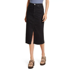 Jupe crayon midi en jean noir uni à fente centrale, taille haute, coupe droite ajustée, en coton extensible, pour le bureau, qualité supérieure - Product Image 1