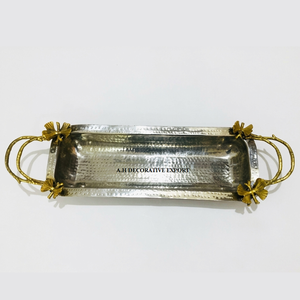 Premium Quality Metal Food Serving <b>Tray</b> Handmade Hammered Designing Silver Finishing <b>Tray</b> With Gold Finished Metal Wire Handle - Product Image 3