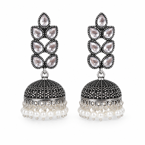 Luxury Oxidized Crystal Jhumka <b>Earrings</b> with Pearl | Vintage Floral Teardrop Statement <b>Earrings</b> | Ethnic Bridal Jewelry - Product Image 2