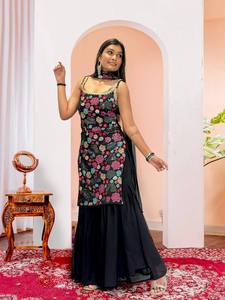 Ensemble Salwar Kameez ethnique pour femmes, Kurti mi-longue brodée florale réversible, Dupatta en filet, tenue traditionnelle pour mariage et Diwali - Product Image 5