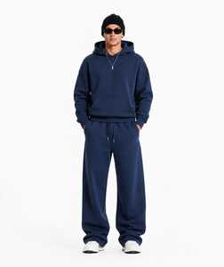Ensemble de jogging décontracté pour homme, bleu marine, à capuche, 100 % coton, longueur intégrale, avec cordon de serrage à la taille et poches latérales - Product Image 1