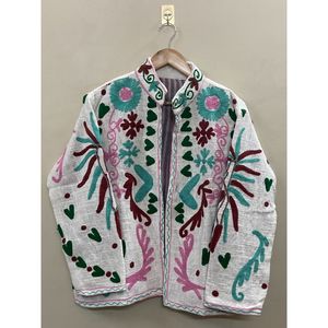 Floral Embroidered Knitted Cotton Autumn Winter <b>Jacket</b> Women Mandarin Collar Full Sleeve Open Front Handmade Design TNT - Product Image 1