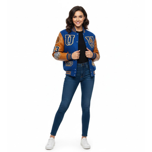 SHY SPORTS Blouson universitaire personnalisé OEM bleu roi avec manches en cuir doré, écusson tigre et multiples patchs, style Letterman, veste bomber - Product Image 6