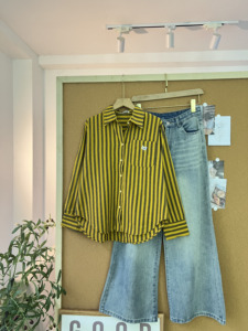 L2142059 Fashion <b>Women's</b> Vertical Striped Cotton Button Down Shirt Loose Fit Long Sleeve Casual <b>Blouse</b> with Pocket - Product Image 3