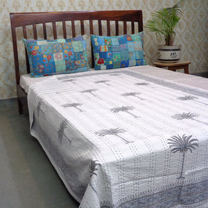 Hand Block Printed Cotton Twin Size Kantha <b>Quilt</b> Throw 150x220 cm Hand Embroidered Indian <b>Bedspread</b> Handmade Home Decor Supplier - Product Image 3