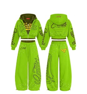 Custom Clothing Manufacturers Distressed Patch Acid Wash <b>Zip</b> <b>up</b> Hoodie and Sweatpants Set Rhinestone <b>Cropped</b> Sweatsuit Set Women - Product Image 2