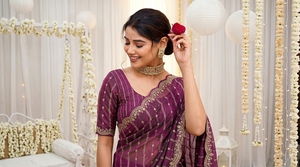 Sari de Seda Morado AARA Fashion con Bordado Dorado, Traje Tradicional Indio para Bodas, para Mujer, Largo hasta el Suelo, Corte Regular, Protección Solar - Product Image 5