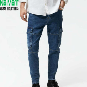 กางเกงยีนส์คาร์โก้ทรงสลิมฟิตสีน้ำเงินเข้มสำหรับผู้ชาย กางเกงเดนิมหลายกระเป๋า กางเกงยุทธวิธีลำลอง สตรีทแวร์ - Product Image 1