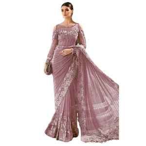 Sari de Organza de Primera Calidad para Bodas y Fiestas, Traje Nupcial con Bordado Intenso, Sin Arrugas, Listo para Usar - Product Image 1