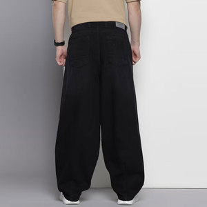 Pantalon en toile de coton noir pour homme, coupe large, taille élastique, décontracté, mi-saison, avec poches latérales - Product Image 2