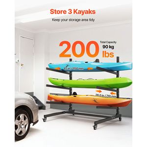 Supporto per kayak resistente per 3 kayak, capacità 200 libbre, regolabile, autoportante, con ruote bloccabili, per uso interno ed esterno - Product Image 2
