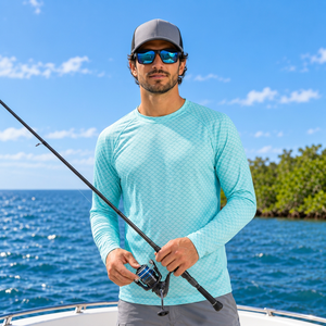 Camisa de Pesca de Manga Larga con Estampado Geométrico Azul Claro para Hombre, Protección Solar UPF 50, Anti-UV, para Actividades al Aire Libre - Product Image 1