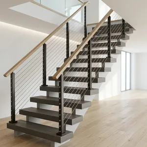 Rampe d'escalier intérieure moderne avec poteaux en métal noir, câbles horizontaux en acier et mains courantes en bois pour la sécurité domestique - Product Image 2