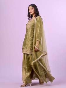 Ensemble Kurti et Palazzo en soie Fandy brodée avec dupatta en filet doux orné de motifs Moti, tenue de soirée ethnique élégante, tailles S à 3XL, nouveauté - Product Image 4