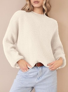 Pull en tricot à col rond et manches chauve-souris pour femme, couleur unie, décontracté, automne, 100% acrylique, manches longues, tricoté à la main - Product Image 6