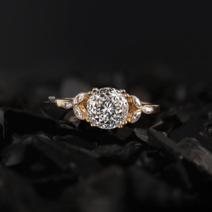 Portuguese Cut Lab Grown Diamond Engagement Ring with Marquise Side Stones 14K 18K Gold Solitaire Ring Handmade Fine Jewelry - Product Image 1