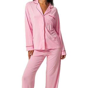 Ensemble de pyjama pour femmes en polyester/coton, manches longues, imprimé animal, noir, doux, pantalon long avec cordon de serrage, col roulé, décontracté - Product Image 1