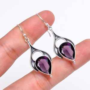 Amethyst Drop Earrings 925 Sterling Silver Dangle Pear Gemstone Women Luxury Handmade Jewelry Gift - Product Image 3