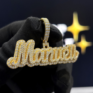 <b>Custom</b> Pave Halo Script <b>Name</b> Pendant 925 Sterling Silver VVS Moissanite Fully Iced Hip Hop <b>Necklace</b> Yellow Gold Jewelry Designer - Product Image 3
