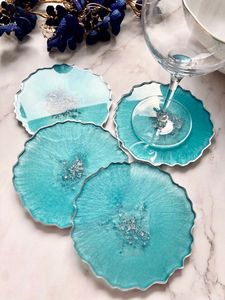 Champagne Beige Resin <b>Coaster</b> <b>Set</b> Gold Leaf Flakes Inlay Wave Edged Beverage Pad Table Top Protection Commercial Distributor - Product Image 2