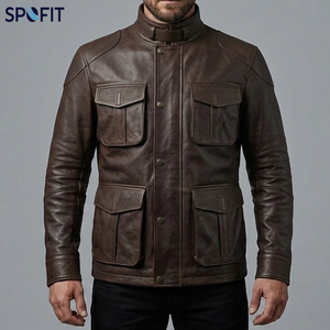SPOFIT <b>Men's</b> Genuine <b>Leather</b> Moto <b>Jacket</b> Mandarin Collar Zipper Closure Solid Color Autumn Regular Fit Biker Style Embossed - Product Image 3