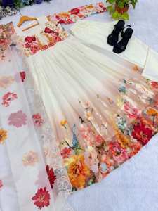 <b>women</b> floral georgette floor length gown with pant and digital printed taby silk dupatta <b>vintage</b> woven denim look ethnic <b>dress</b> - Product Image 5