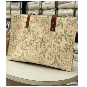 Customizable Premium Bohemian Floral Canvas Tote <b>Bag</b> Brown Leather Handles Multi Pocket Summer Autumn Jaipur Block Print Durable - Product Image 2