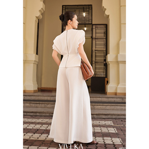 Women's Modern Elegant <b>White</b> High Waist Wide Flared Leg Full Length Loose Fit Zipper Fly Autumn Casual Office Pants MARINA - Product Image 6
